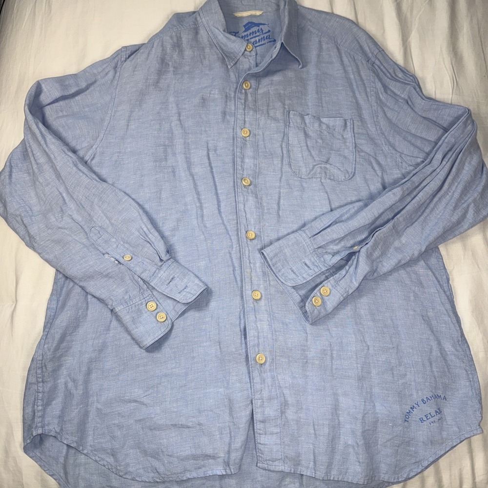 Tommy Bahama Relax Shirt Mens Large Blue 100% Linen Button Up Beach Hawaiian